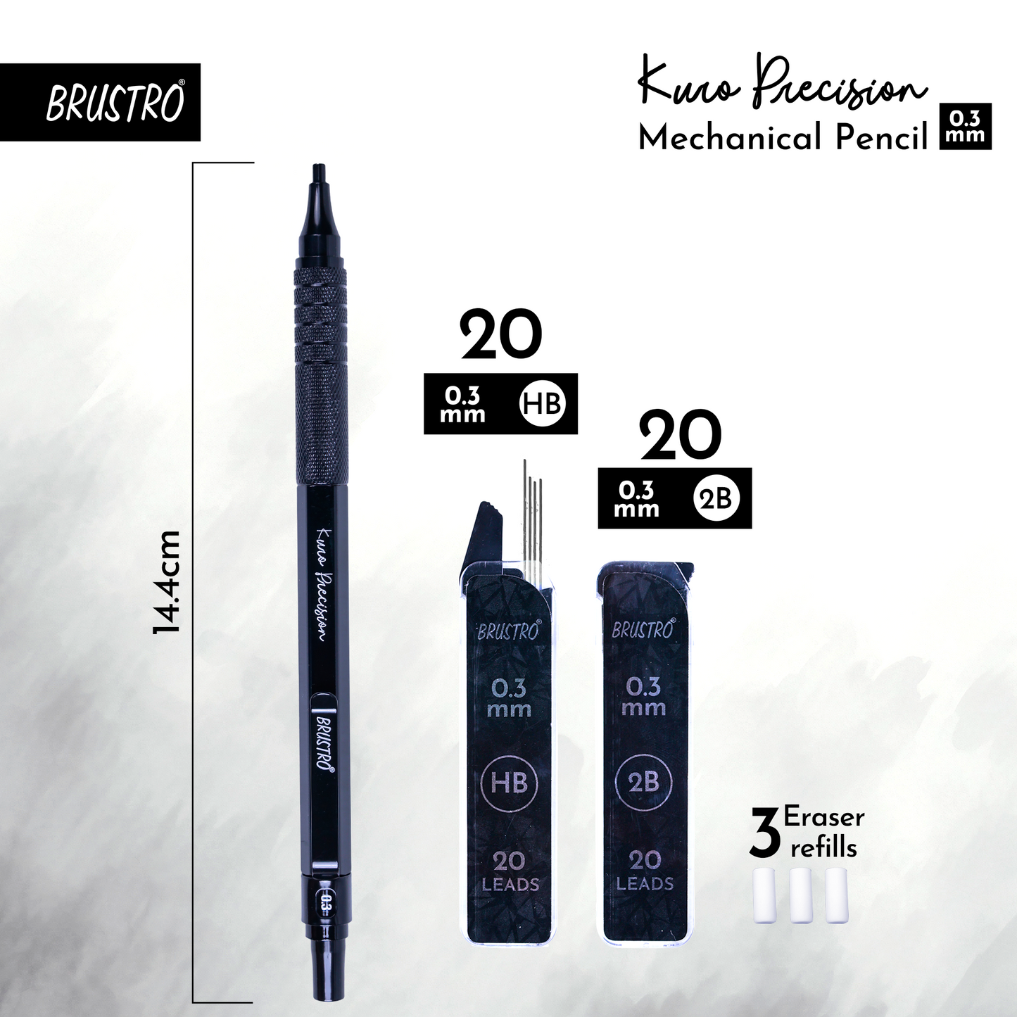 Brustro Kuro Precision Mechanical Pencil | Tip Size - 0.3mm With 20 - HB and 20 - 2B leads , 3 Eraser Refills| Ideal For Writing, Sketching, Drawing, Mandala Arts and Fine Art Students