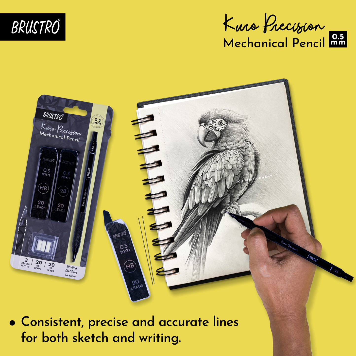 Brustro Kuro Precision Mechanical Pencil | Tip Size - 0.5mm With 20 - HB and 20 - 2B leads , 3 Eraser Refills