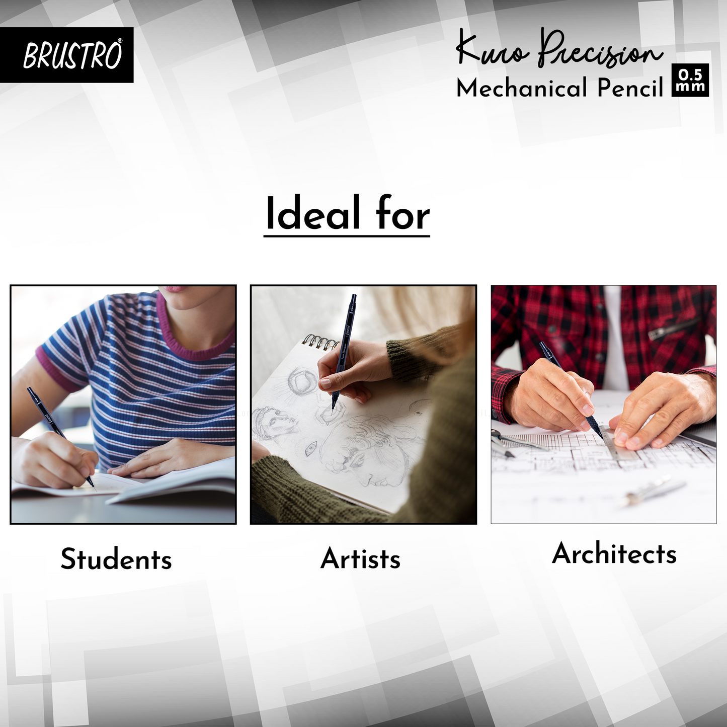 Brustro Kuro Precision Mechanical Pencil | Tip Size - 0.5mm With 20 - HB and 20 - 2B leads , 3 Eraser Refills