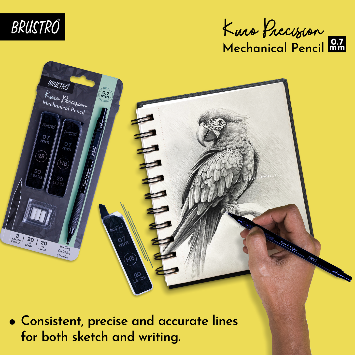 Brustro Kuro Precision Mechanical Pencil | Tip Size - 0.7mm With 20 - HB and 20 - 2B leads , 3 Eraser Refills