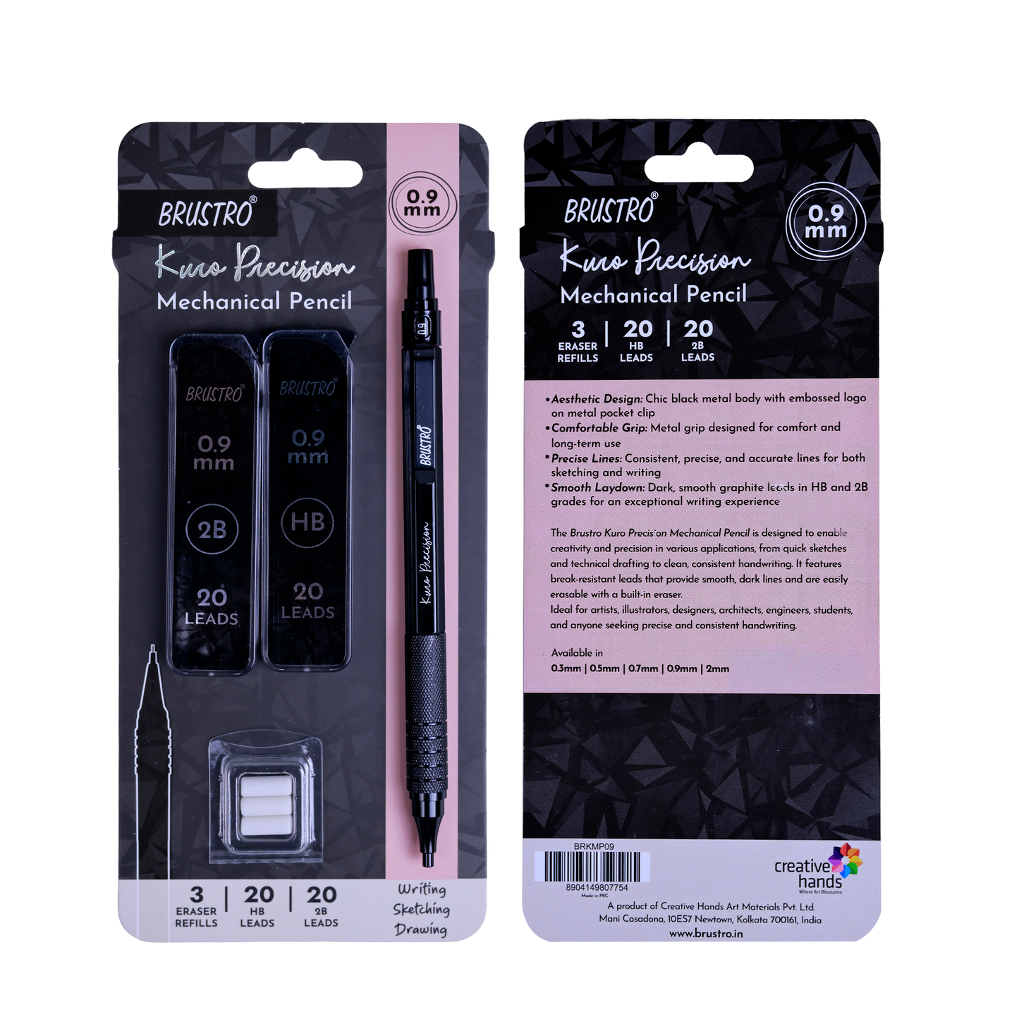 Brustro Kuro Precision Mechanical Pencil | Tip Size - 0.9mm With 20 - HB and 20 - 2B leads , 3 Eraser Refills| Ideal For Writing, Sketching, Drawing, Mandala Arts and Fine Art Students