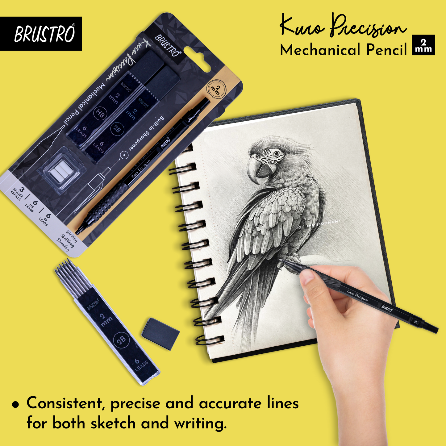 Brustro Kuro Precision Mechanical Pencil |Tip Size- 2mm With 6- HB and 6- 2B Leads , Built-in-Sharpener, 3 Eraser Refill