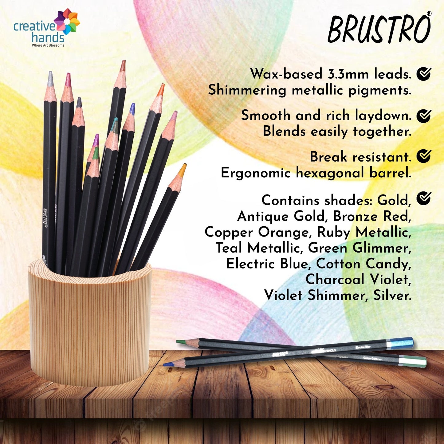 BRUSTRO Artist Metallic Colour Pencil Set of 12 Shades, 3.3mm lead With Wiro Bound Sketch Book, A5 (5.8x8.3 Inches), 120 Pages, 160 GSM|Ideal for Drawing, Sketching, Shading,Mandala Art