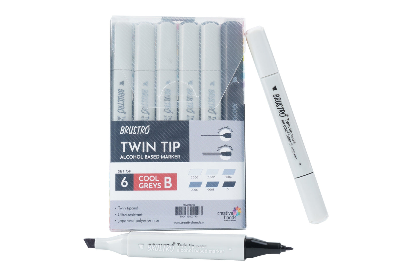 BRUSTRO Twin Tip Alcohol Based Marker Sets (CG B(6)) in Crossline PP See Through Box|Broad 1-7mm line,Fine 0.7mm|Ideal for Sketching,Smudge-Proof,Waterproof,Graffiti,Comic Artist, Architect,Fine Art
