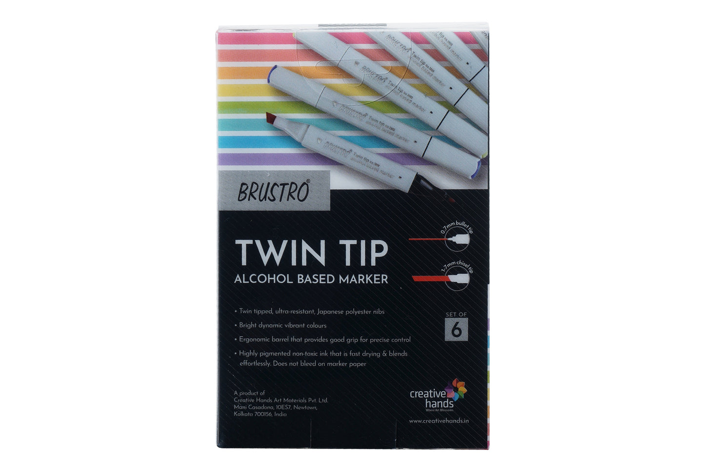BRUSTRO Twin Tip Alcohol Based Marker Sets (CG B(6)) in Crossline PP See Through Box|Broad 1-7mm line,Fine 0.7mm|Ideal for Sketching,Smudge-Proof,Waterproof,Graffiti,Comic Artist, Architect,Fine Art