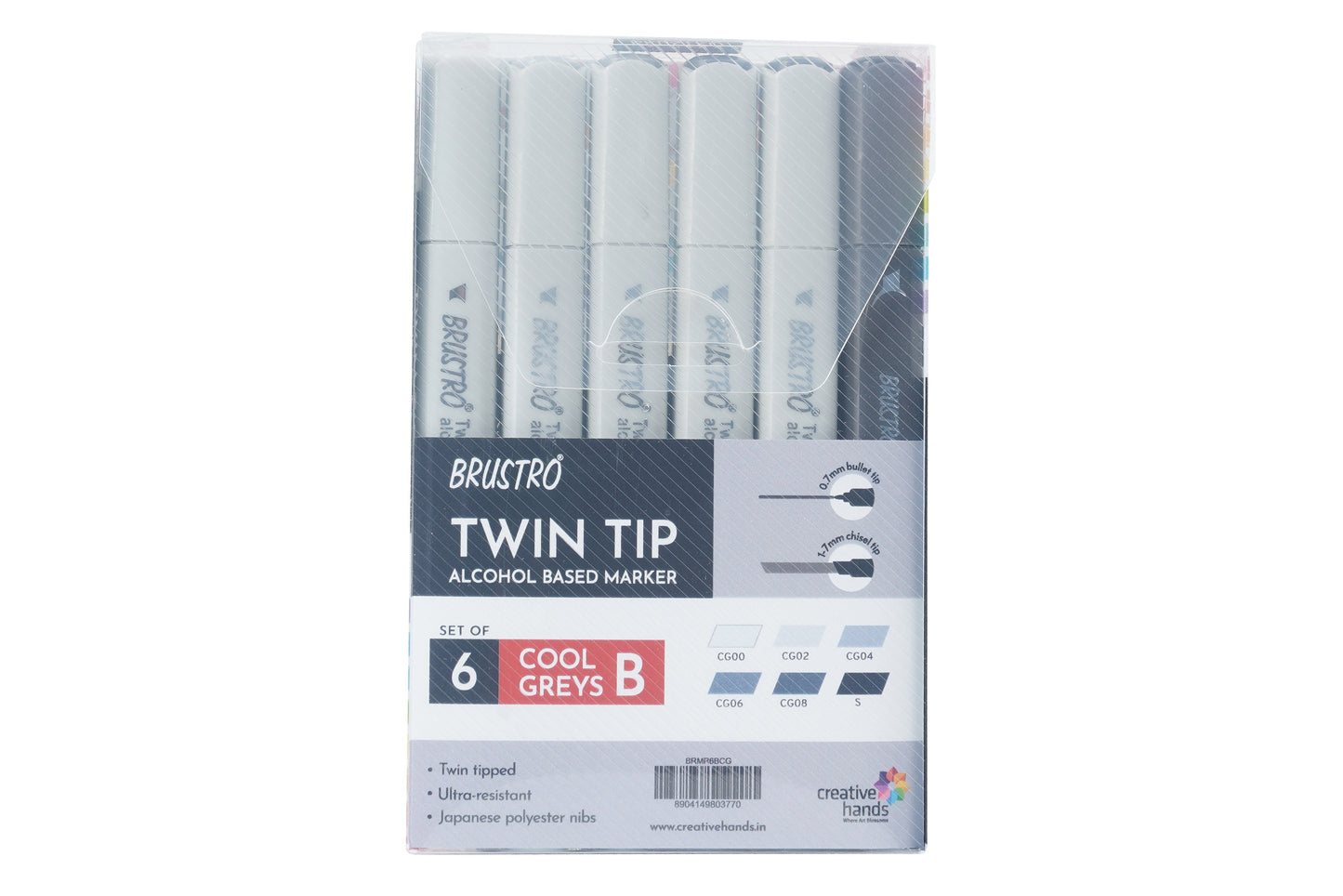 BRUSTRO Twin Tip Alcohol Based Marker Sets (CG B(6)) in Crossline PP See Through Box|Broad 1-7mm line,Fine 0.7mm|Ideal for Sketching,Smudge-Proof,Waterproof,Graffiti,Comic Artist, Architect,Fine Art
