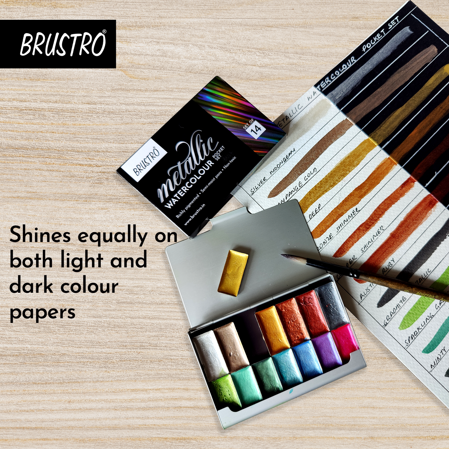 BRUSTRO Artists Metallic Watercolour Pocket Set of 14 Half Pans | Richly Pigmented, Semi Moist Pans, Ideal for Still life, Portrait, Landscape, Watercolour Paintings.