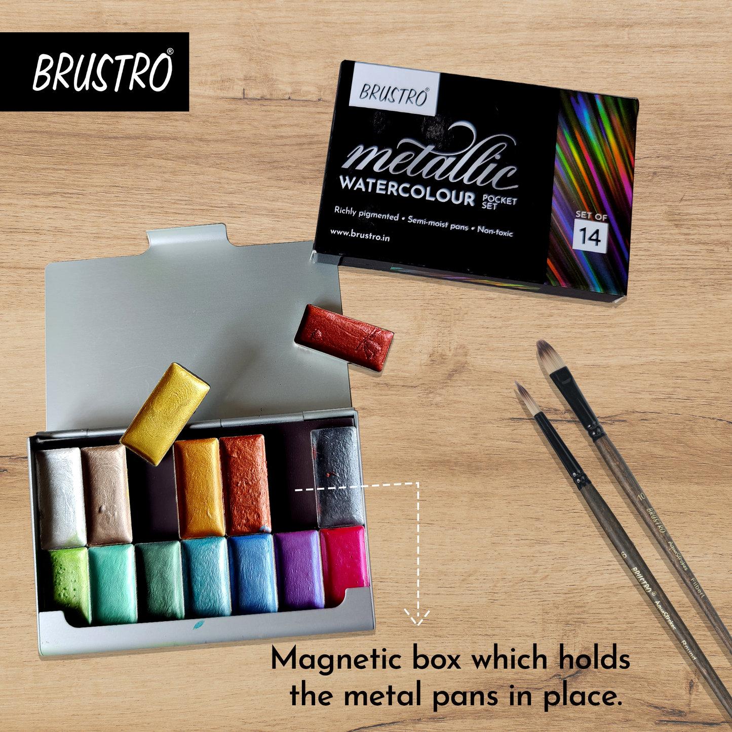 BRUSTRO Artists Metallic Watercolour Pocket Set of 14 Half Pans | Richly Pigmented, Semi Moist Pans, Ideal for Still life, Portrait, Landscape, Watercolour Paintings.