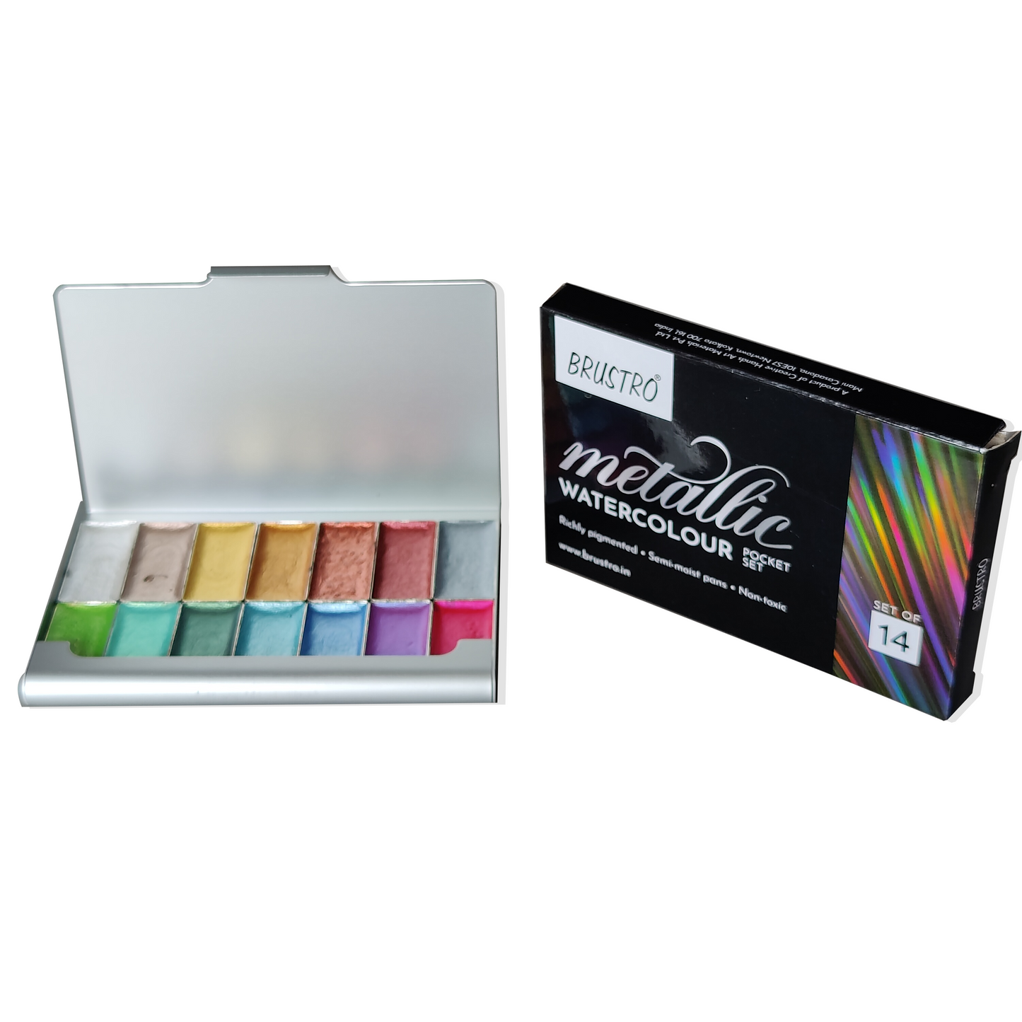 BRUSTRO Artists Metallic Watercolour Pocket Set of 14 Half Pans | Richly Pigmented, Semi Moist Pans, Ideal for Still life, Portrait, Landscape, Watercolour Paintings.