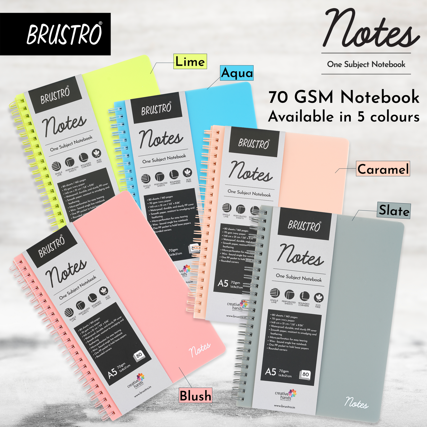 BRUSTRO Notes A5 Size, 1 Subject Ruled Notebook, 80 sheets / 160 pages, 70 gsm ivory paper, Aqua Cover, Wiro Bound Design