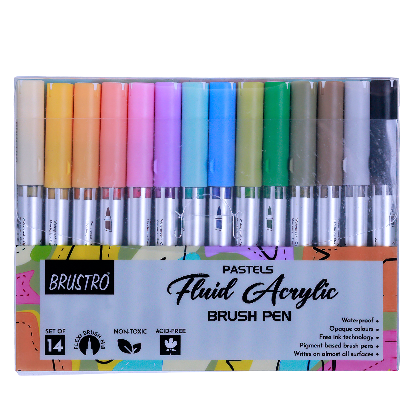 BRUSTRO Fluid Acrylic Brush Pen | Set of 14 Pastel Shades | Waterproof,Opaque Colors,Non-Toxic