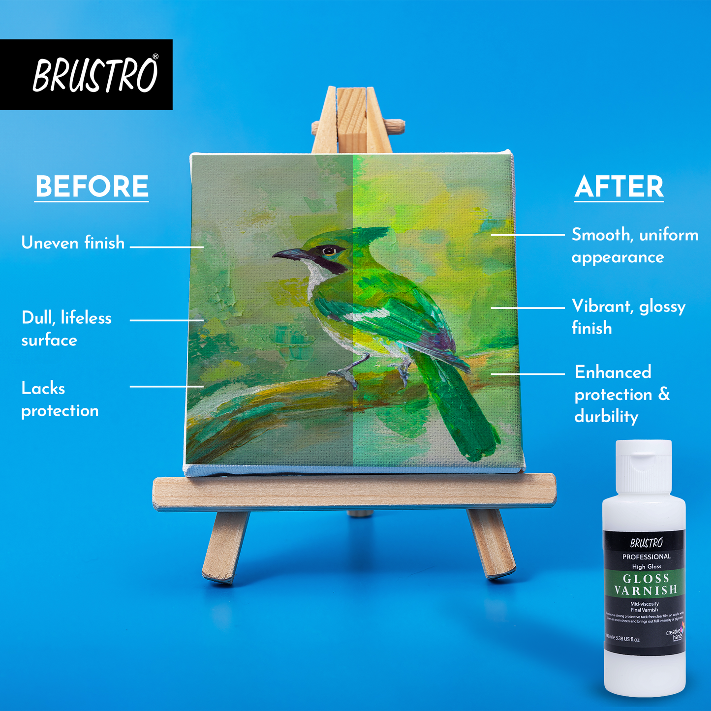 Brustro Professional High Gloss Varnish 100 Ml | Ideal for Coating on Acrylic Painting,Watercolours,Oil Paints,Non-Yellowing,Non Toxic,Transparent,Canvas,Paper, Artwork Protection.