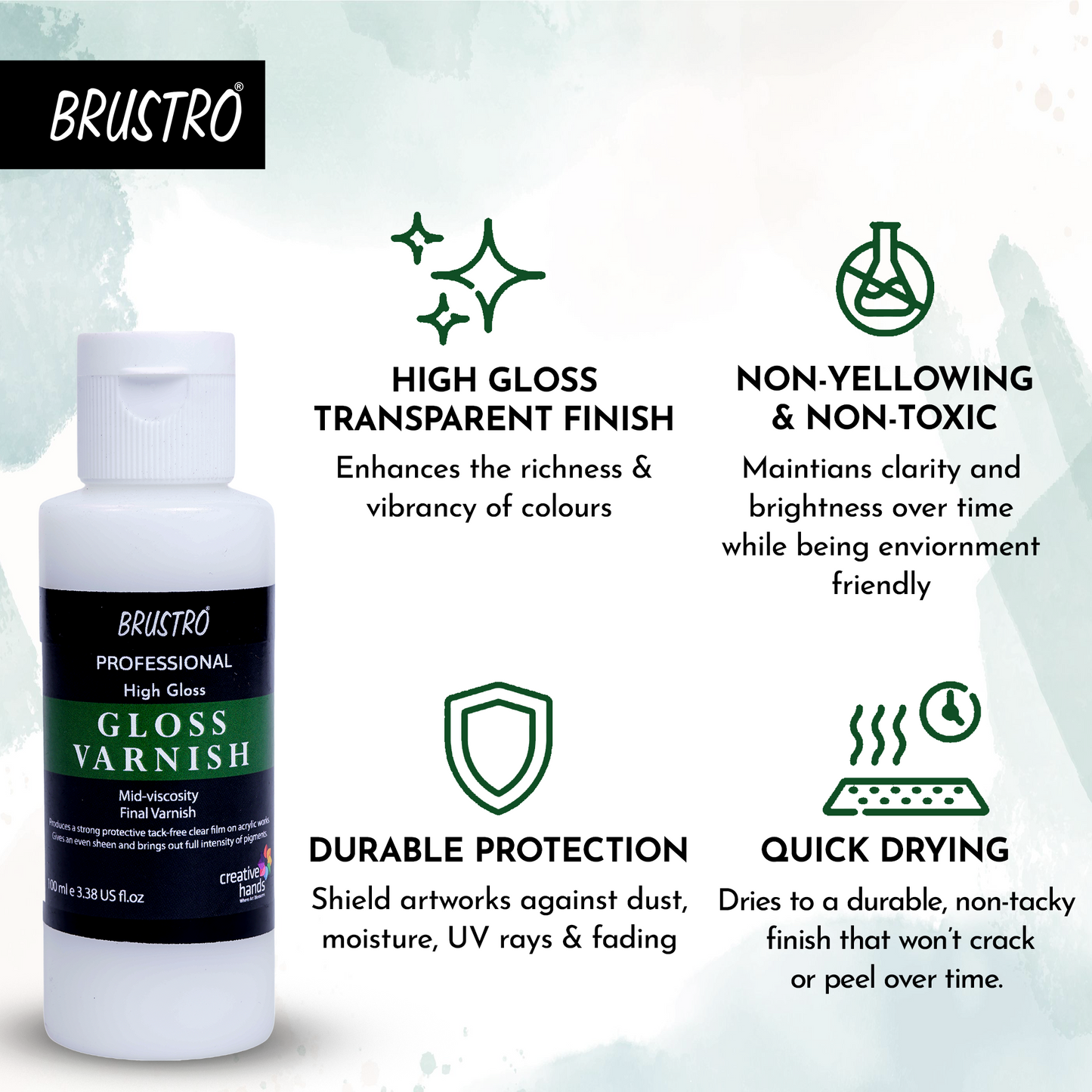 Brustro Professional High Gloss Varnish 100 Ml | Ideal for Coating on Acrylic Painting,Watercolours,Oil Paints,Non-Yellowing,Non Toxic,Transparent,Canvas,Paper, Artwork Protection.