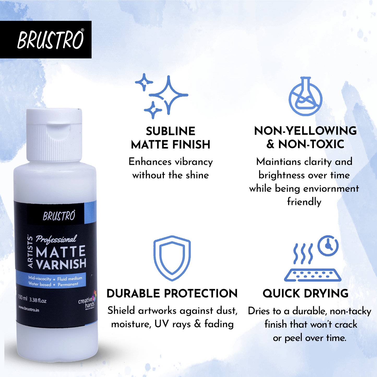 Brustro Artists Professional Liquid Matte Varnish 100 ml | Ideal for Coating on Acrylic Painting,Watercolours,Oil Paints,Non-Yellowing,Non Toxic,Transparent,Canvas,Paper, Artwork Protection