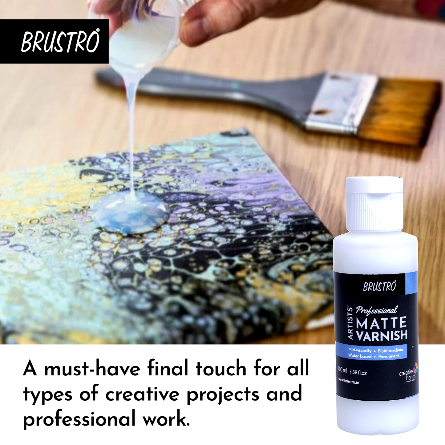 Brustro Artists Professional Liquid Matte Varnish 100 ml | Ideal for Coating on Acrylic Painting,Watercolours,Oil Paints,Non-Yellowing,Non Toxic,Transparent,Canvas,Paper, Artwork Protection