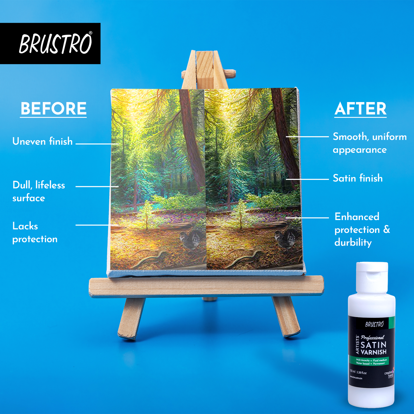 Brustro Artists Professional Liquid Satin Varnish 100 ml | Ideal for Coating on Acrylic Painting,Watercolours,Oil Paints,Non-Yellowing,Non Toxic,Transparent,Canvas,Paper, Artwork Protection.