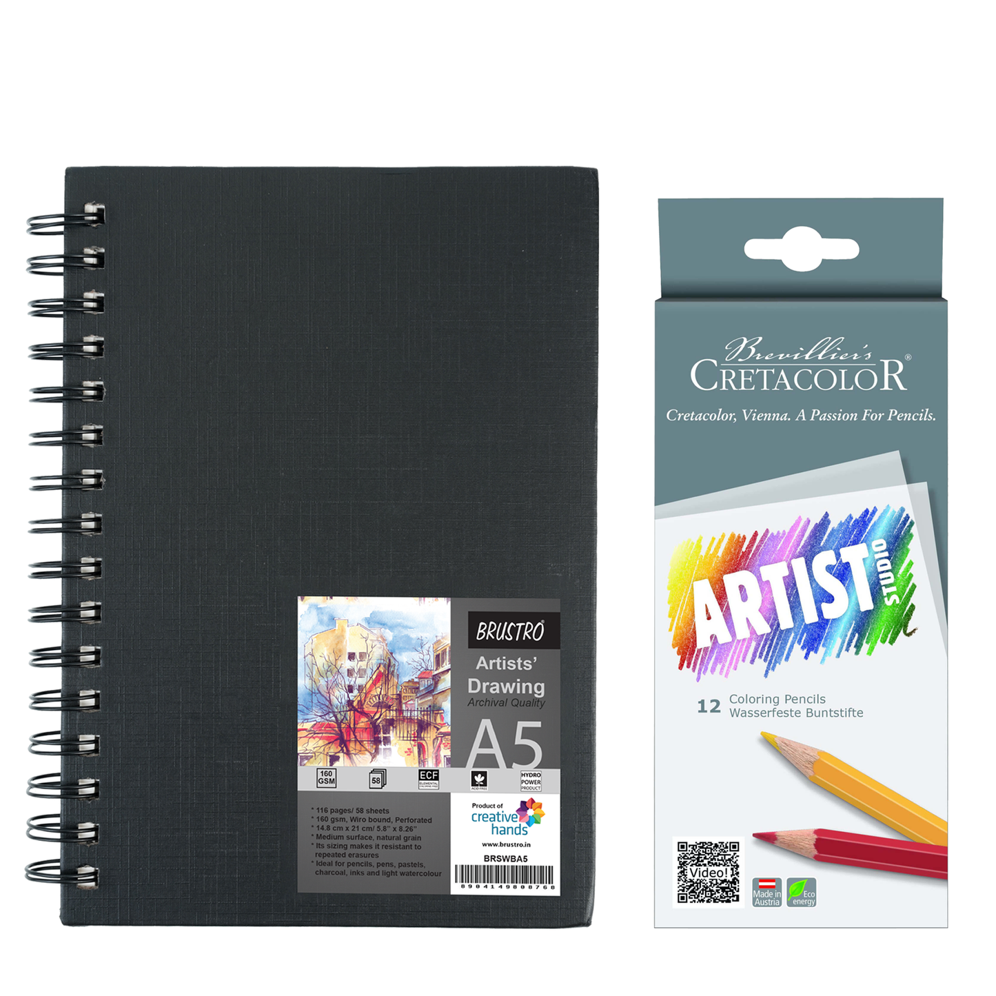 BRUSTRO Artists' Sketch Book Wiro Bound, Size A5 (5.8x8.3 in), 160 GSM, 116 Pages With Cretacolor Artist Studio Colouring Pencils, Set of 12 , Assorted Bright Colours|Ideal for Sketching,Drawing