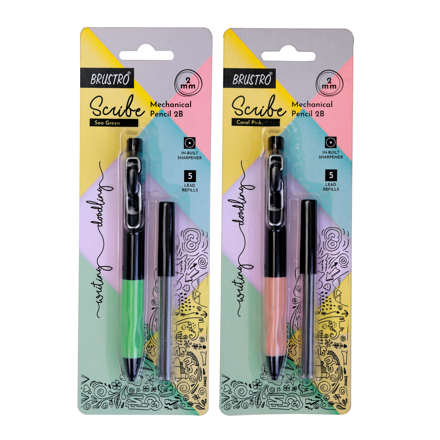 BRUSTRO Scribe Mechanical Pencil 2B | Tip 2MM, Set of 2 (Coral Pink & Sea Green) with Built-in Sharpener and 5 Extra Leads |Ideal For Writing,Sketching,Drawing,Mandala Arts,Schools