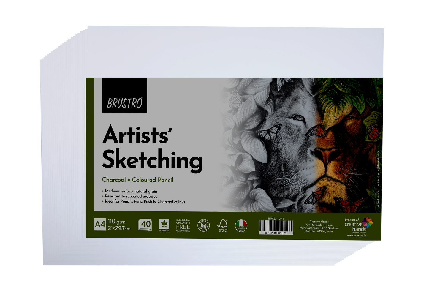 Brustro Artists Sketching Paper | 110 GSM, A4 Size, Pack of 40 Sheets | Medium Surface, Natural Grain, Chlorine Free, Ideal For Pencil, Drawing, Charcoal, Art, Pen, Pastel, Ink.