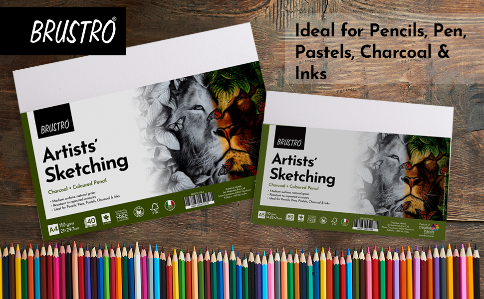 Brustro Artists Sketching Paper | 110 GSM, A4 Size, Pack of 40 Sheets | Medium Surface, Natural Grain, Chlorine Free, Ideal For Pencil, Drawing, Charcoal, Art, Pen, Pastel, Ink.