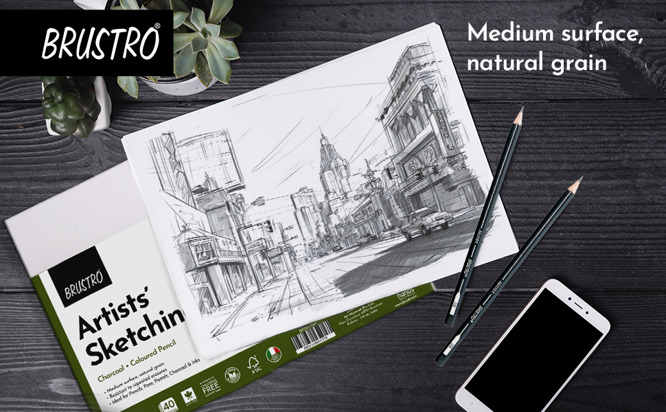Brustro Artists Sketching Paper | 110 GSM, A4 Size, Pack of 40 Sheets | Medium Surface, Natural Grain, Chlorine Free, Ideal For Pencil, Drawing, Charcoal, Art, Pen, Pastel, Ink.