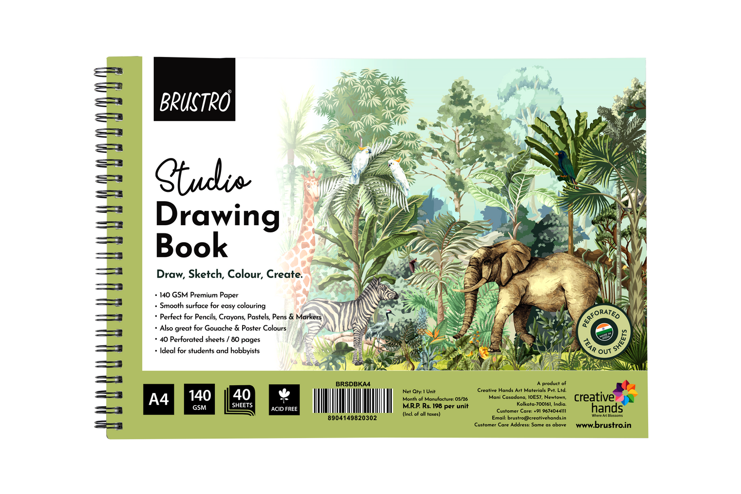 BRUSTRO Studio Drawing Book, Blank 80 Pages, Wiro Bound, A4 (8.3x11.7 inches), 140 GSM, Perforated Sheets, Acid-Free Paper| Drawing,Sketching,Shading With Colour Pencils,Crayons for Students,Hobbyists