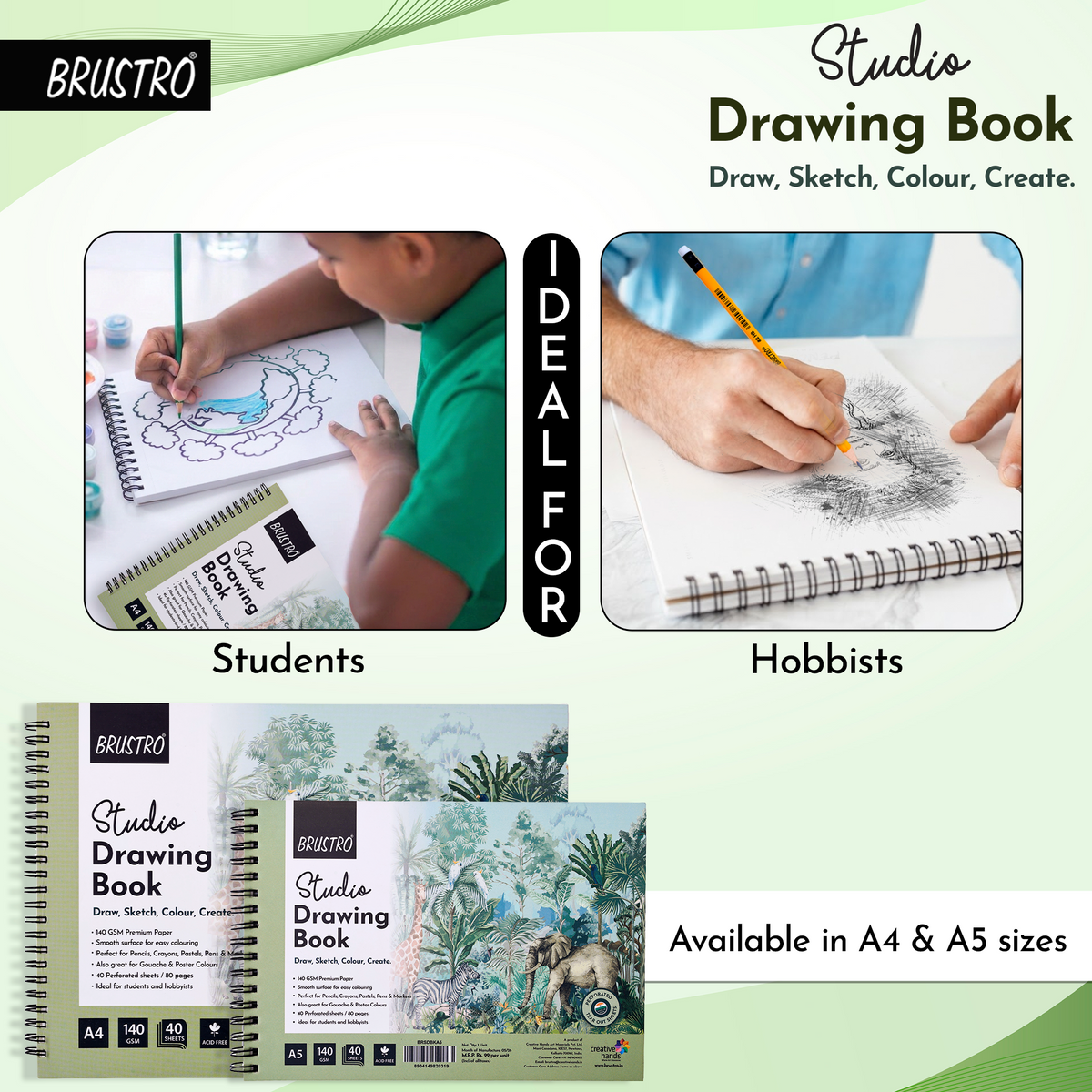 BRUSTRO Studio Drawing Book, Blank 80 Pages, Wiro Bound, A5 (5.8x8.3 inches), 140 GSM, Perforated Sheets, Acid-Free Paper| Drawing,Sketching,Shading With Colour Pencils,Crayons for Students,Hobbyists