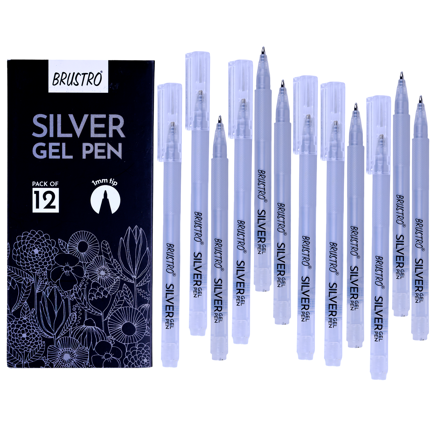 BRUSTRO Silver Gel Pen|Pack of 12 - 1mm Metal Tip,Opaque and Viscous Ink|Ideal For Drawing,Writing,Highlighting,Doodling,Scrapbooking,Mandala Art,Illustration,Fine Art Students and Professionals