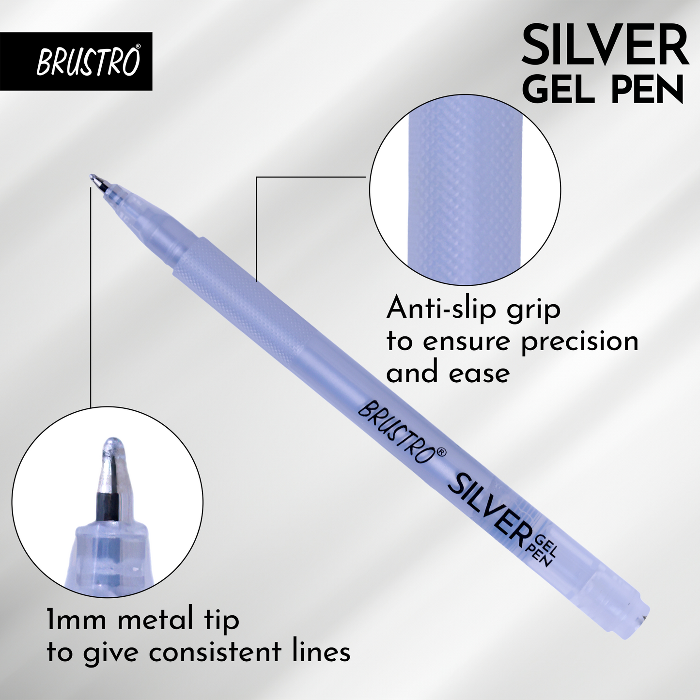 BRUSTRO Silver Gel Pen|Pack of 12 - 1mm Metal Tip,Opaque and Viscous Ink|Ideal For Drawing,Writing,Highlighting,Doodling,Scrapbooking,Mandala Art,Illustration,Fine Art Students and Professionals