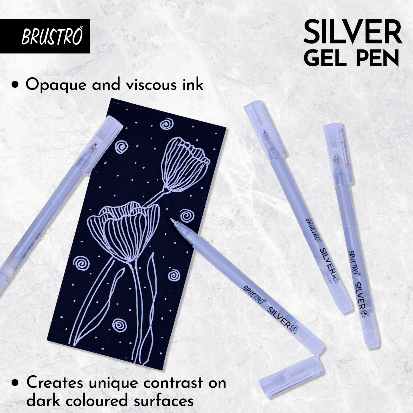 BRUSTRO Silver Gel Pen|Pack of 12 - 1mm Metal Tip,Opaque and Viscous Ink|Ideal For Drawing,Writing,Highlighting,Doodling,Scrapbooking,Mandala Art,Illustration,Fine Art Students and Professionals