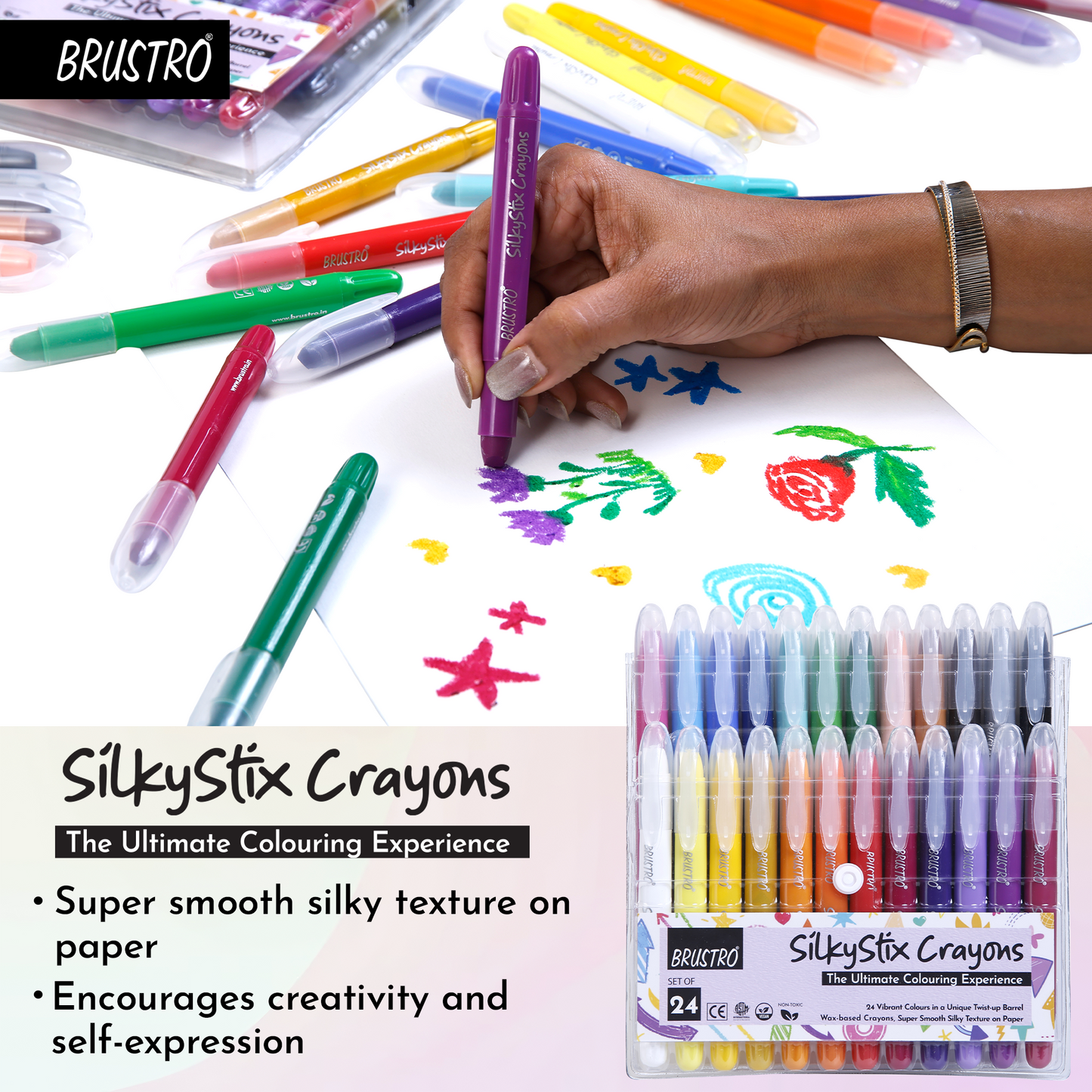 BRUSTRO SilkyStix Crayons - Set of 24 Crayon Set | Vibrant & Playful Colors, Eco-Friendly, Ideal for Blendable Painting,Graffiti,Coloring, Doodling, Safe for Students, Professional, Kids