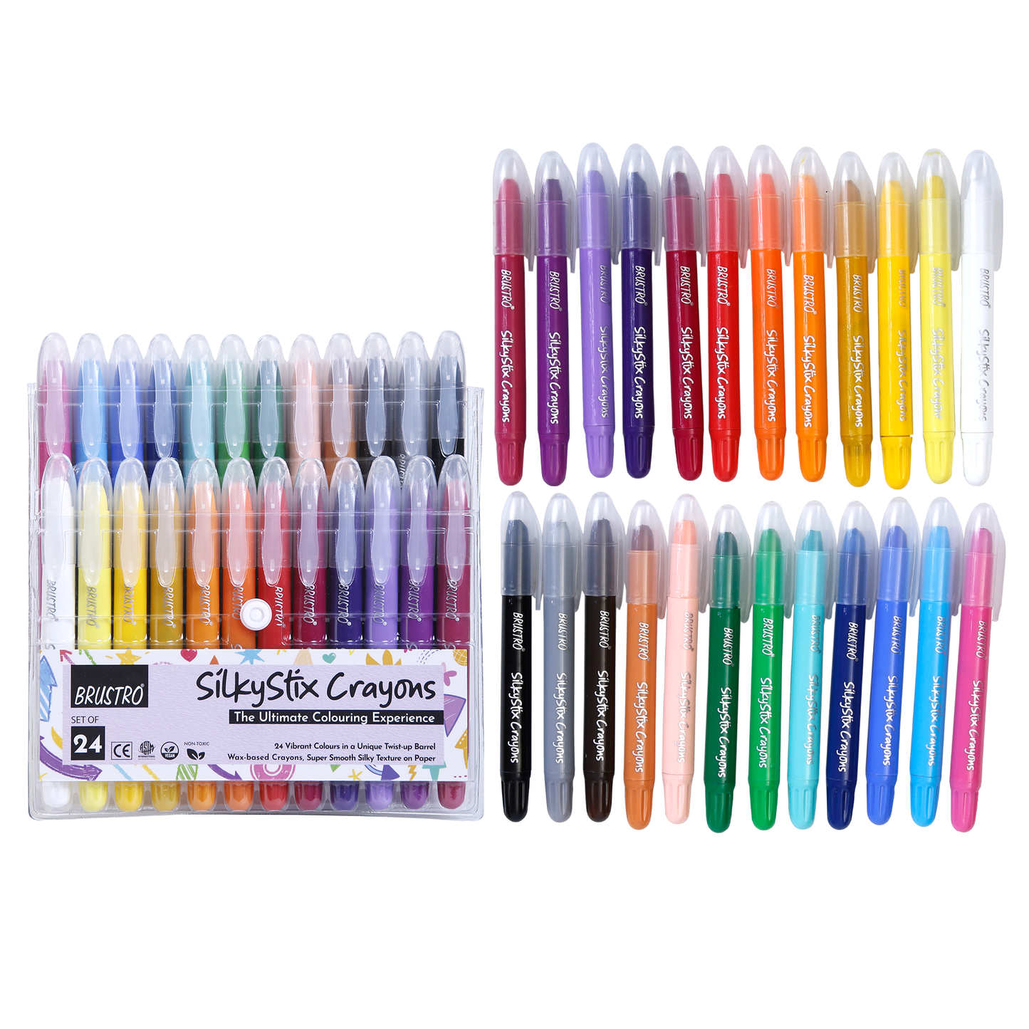 BRUSTRO SilkyStix Crayons - Set of 24 Crayon Set | Vibrant & Playful Colors, Eco-Friendly, Ideal for Blendable Painting,Graffiti,Coloring, Doodling, Safe for Students, Professional, Kids