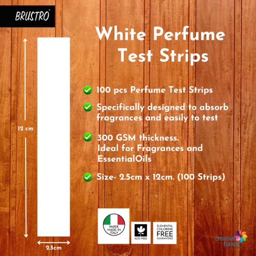 Brustro Perfume, Essential Oils - Paper Test Strips | Pack of 100, 300 GSM, 25% Cotton | Size- 2.5cm x 12cm | Ideal for Fragrances testing and Essential Oils, Acid Free Papers