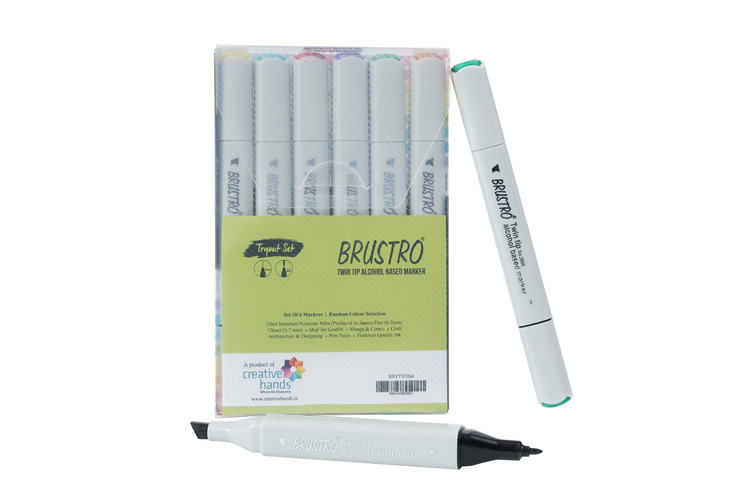 BRUSTRO Twin Tip Alcohol Based Marker Set of 6 in Crossline PP See Through Box - Tryout Set With random color selection