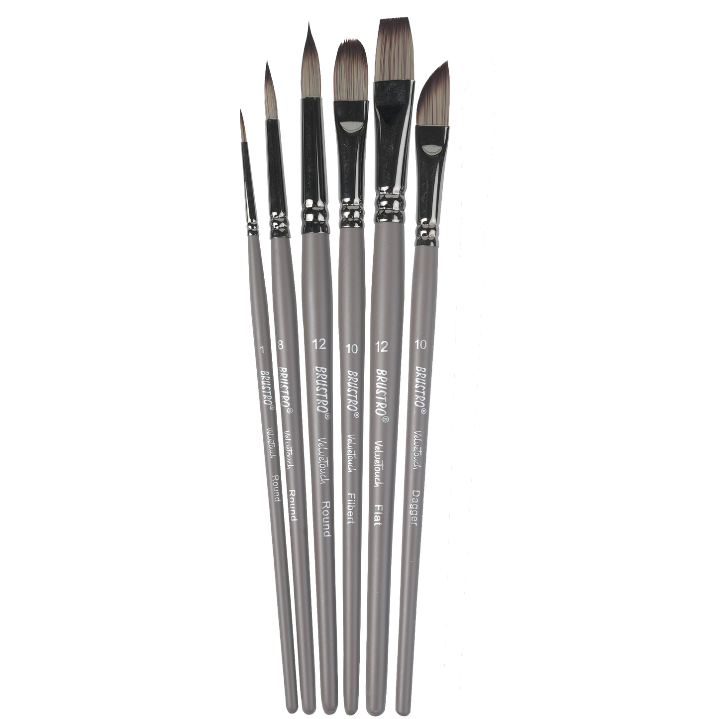 BRUSTRO VelveTouch Artist Brushes | Set of 6 | Gouache, Acrylics, Watercolor, and Oil Painting | Short Handle, Synthetic Bristles, Round, Filbert, Dagger, Flat Shape