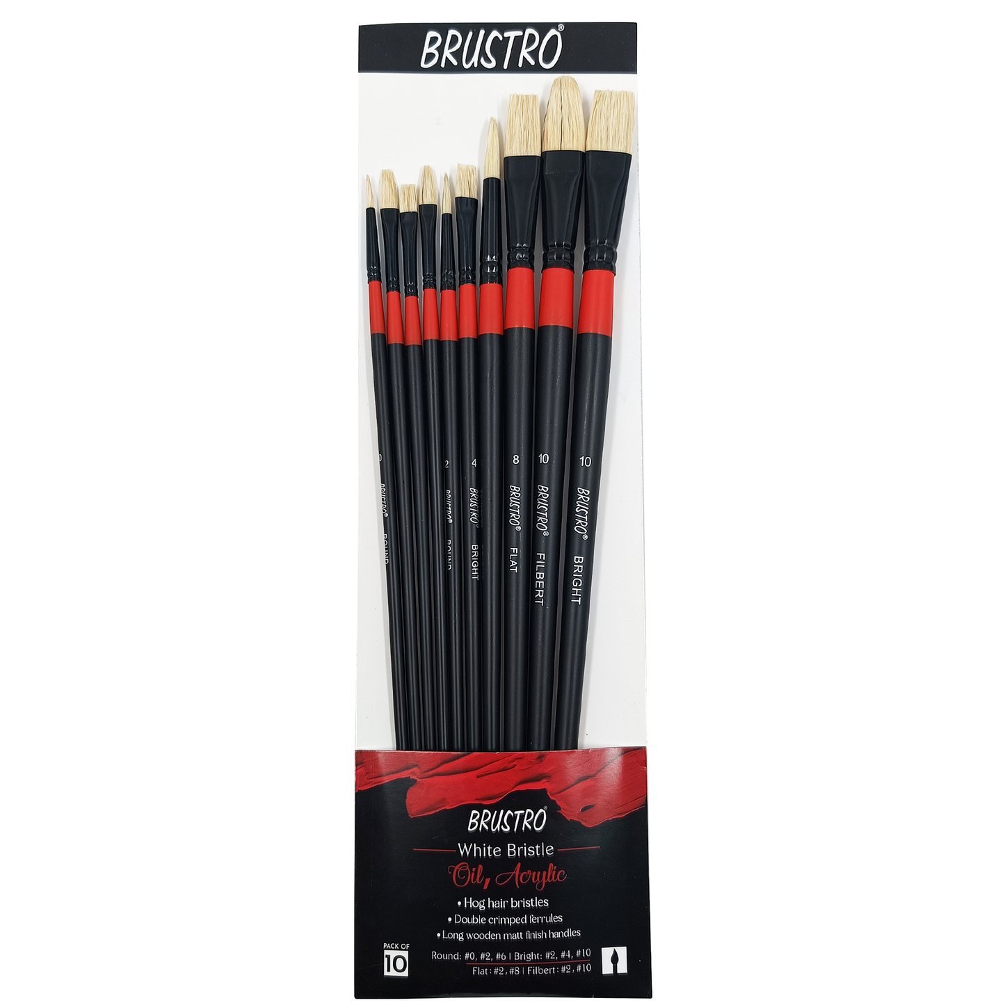 BRUSTRO Artists White Bristle Set of 10 Brushes for Oil and Acrylic