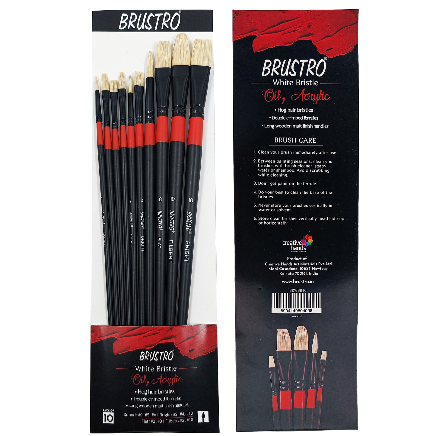 BRUSTRO Artists White Bristle Set of 10 Brushes for Oil and Acrylic