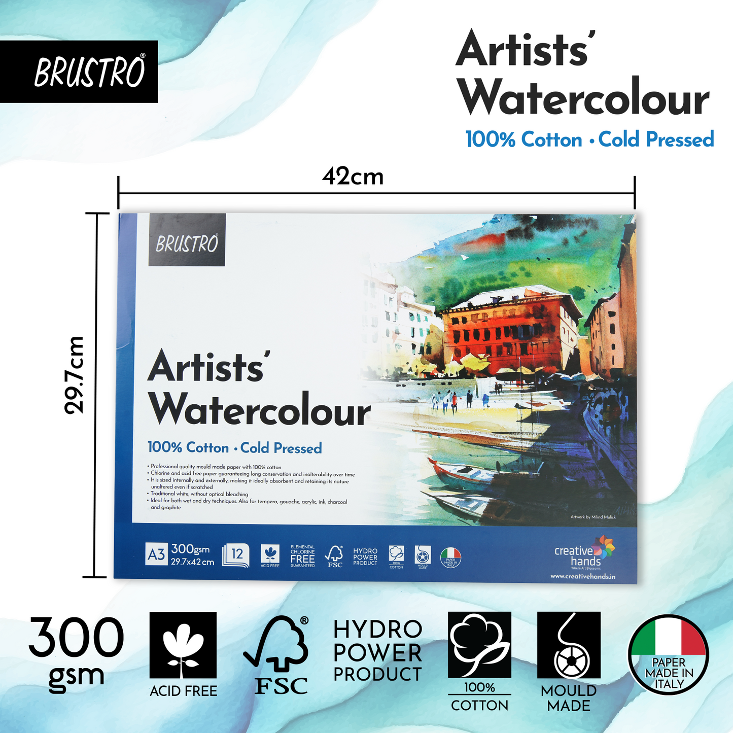 Brustro Artists' Watercolour 100% Cotton 300gsm Cold Pressed Pad, 12 Sheets, Size- A3