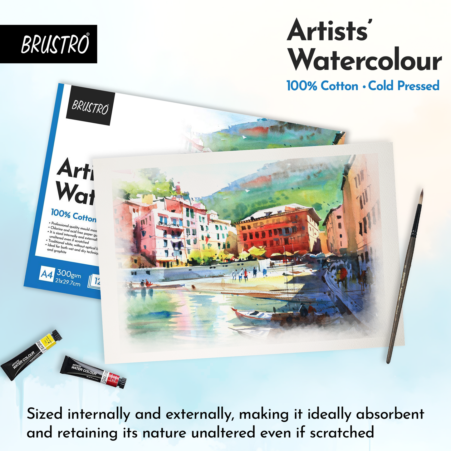 BRUSTRO Artist 100% Cotton Watercolour Pad Cold Pressed 300 GSM A4-12 Sheets