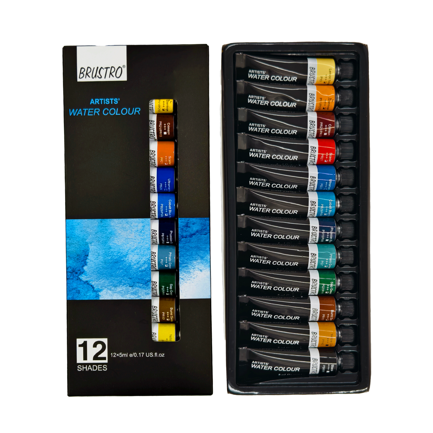 BRUSTRO Artist's Watercolour Paint | Set of 12 Colours X 5ML Tubes | Ideal for Landscape, Portrait, Paper, Painting, Artist, Professional watercolor, Transparent Colors, Painting Dry & Wet, Fine Art
