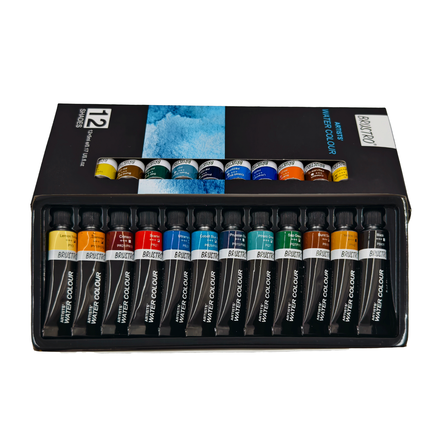 BRUSTRO Artist's Watercolour Paint | Set of 12 Colours X 5ML Tubes | Ideal for Landscape, Portrait, Paper, Painting, Artist, Professional watercolor, Transparent Colors, Painting Dry & Wet, Fine Art