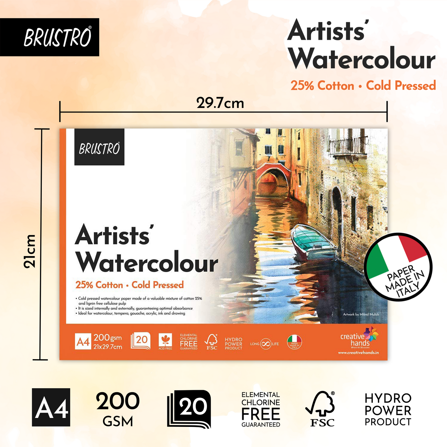 BRUSTRO Artist 25% Cotton Watercolour Pad Cold Pressed 200 GSM A4 Pad 20 Sheets