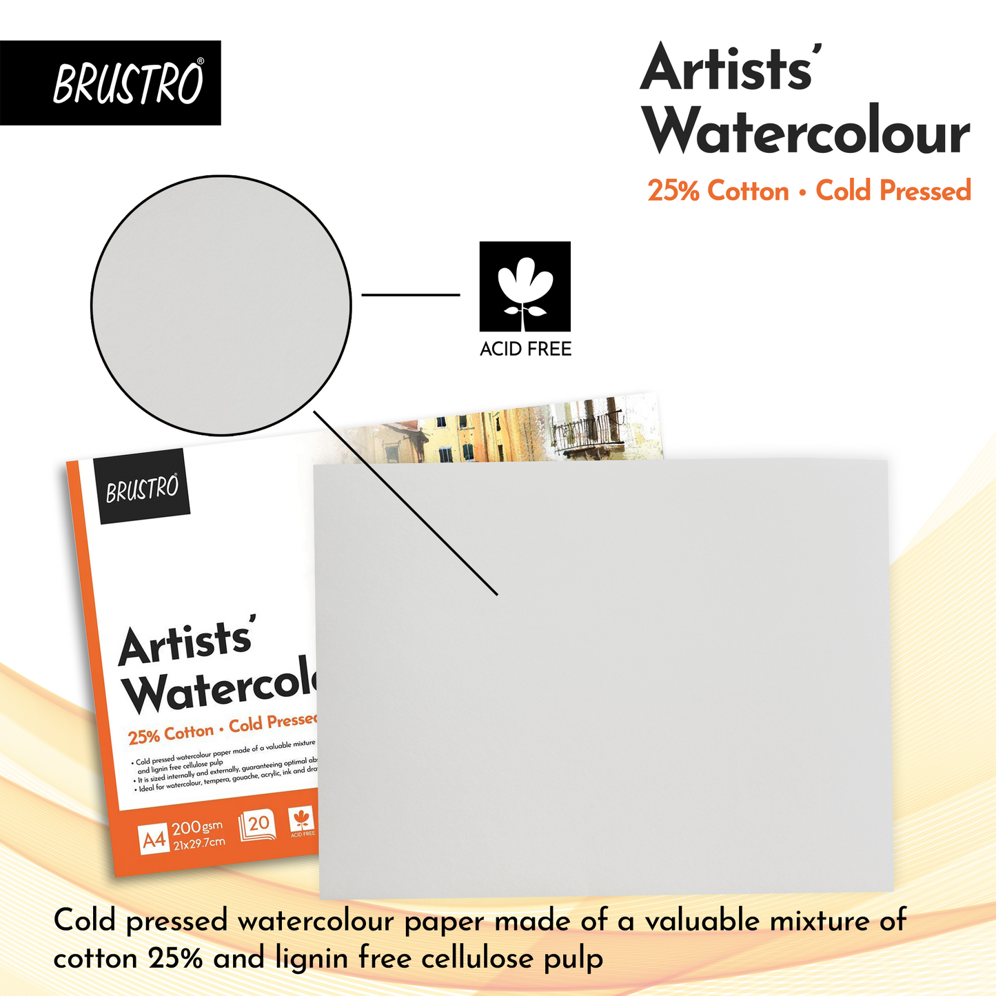BRUSTRO Artist 25% Cotton Watercolour Pad Cold Pressed 200 GSM A4 Pad 20 Sheets