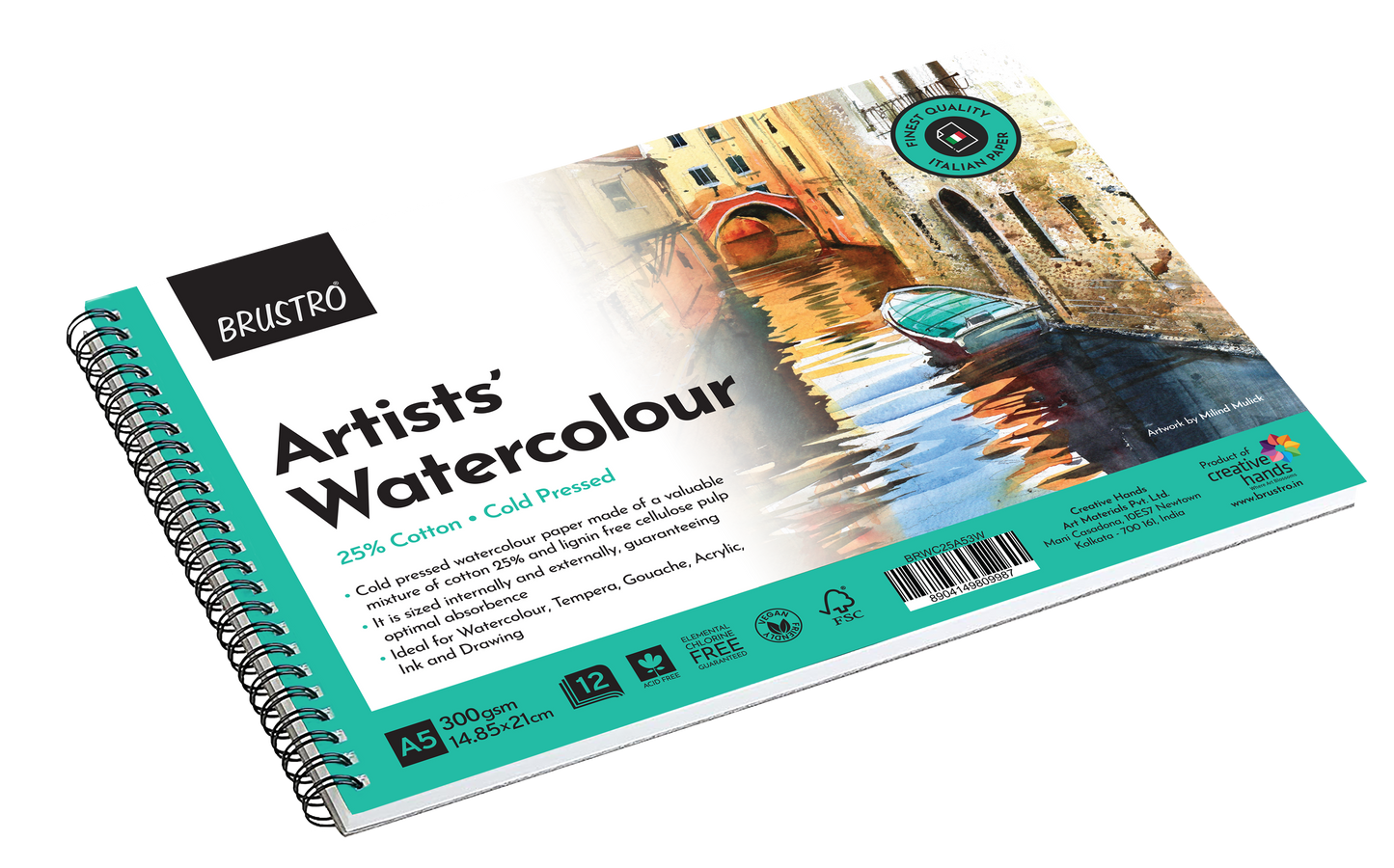 BRUSTRO Artists Watercolour Pad | 25% Cotton, 300 GSM, A5, Cold pressed, 12 Sheets, 24 Perforated Pages | Wiro Bound, Spiral, Ideal for Watercolors, Tempera, Gouache, Ink, Pastels.