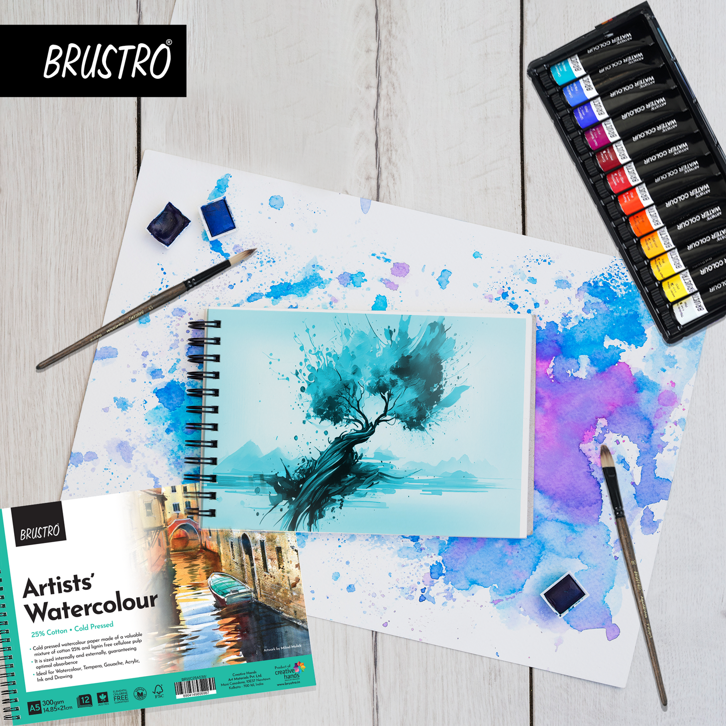 BRUSTRO Artists Watercolour Pad | 25% Cotton, 300 GSM, A5, Cold pressed, 12 Sheets, 24 Perforated Pages | Wiro Bound, Spiral, Ideal for Watercolors, Tempera, Gouache, Ink, Pastels.