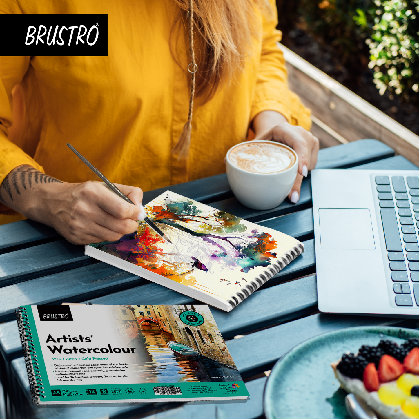 BRUSTRO Artists Watercolour Pad | 25% Cotton, 300 GSM, A5, Cold pressed, 12 Sheets, 24 Perforated Pages | Wiro Bound, Spiral, Ideal for Watercolors, Tempera, Gouache, Ink, Pastels.