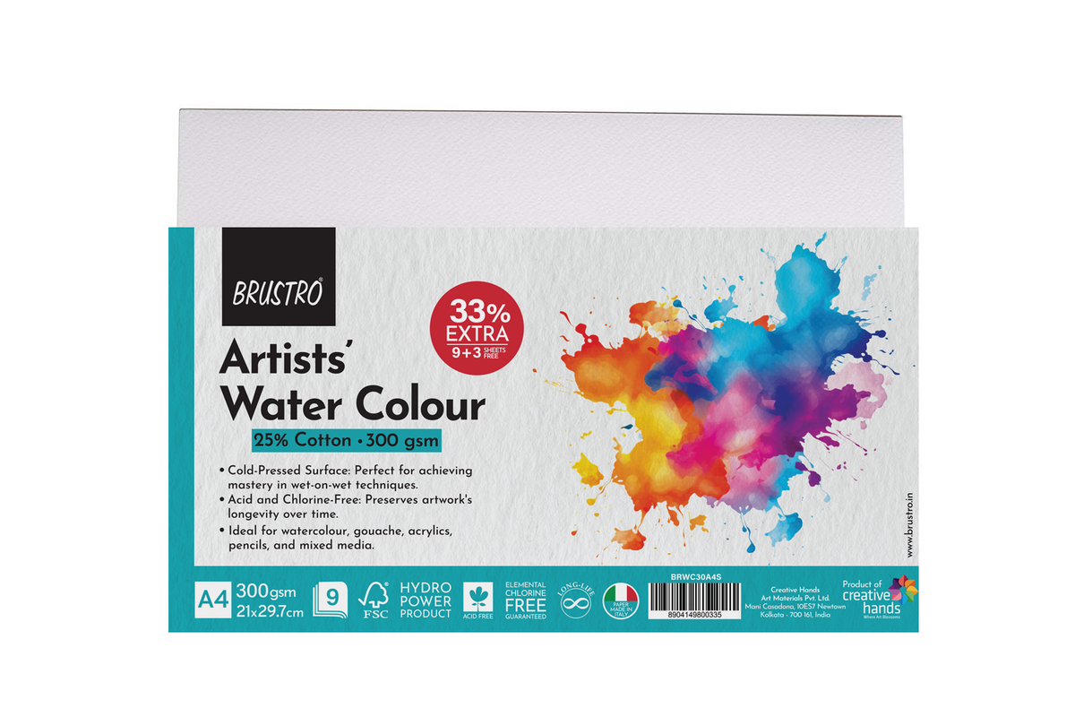 BRUSTRO Artists Watercolour Paper | 300 GSM, A4, 25% Cotton, Cold Pressed | Pack of 12 Sheets