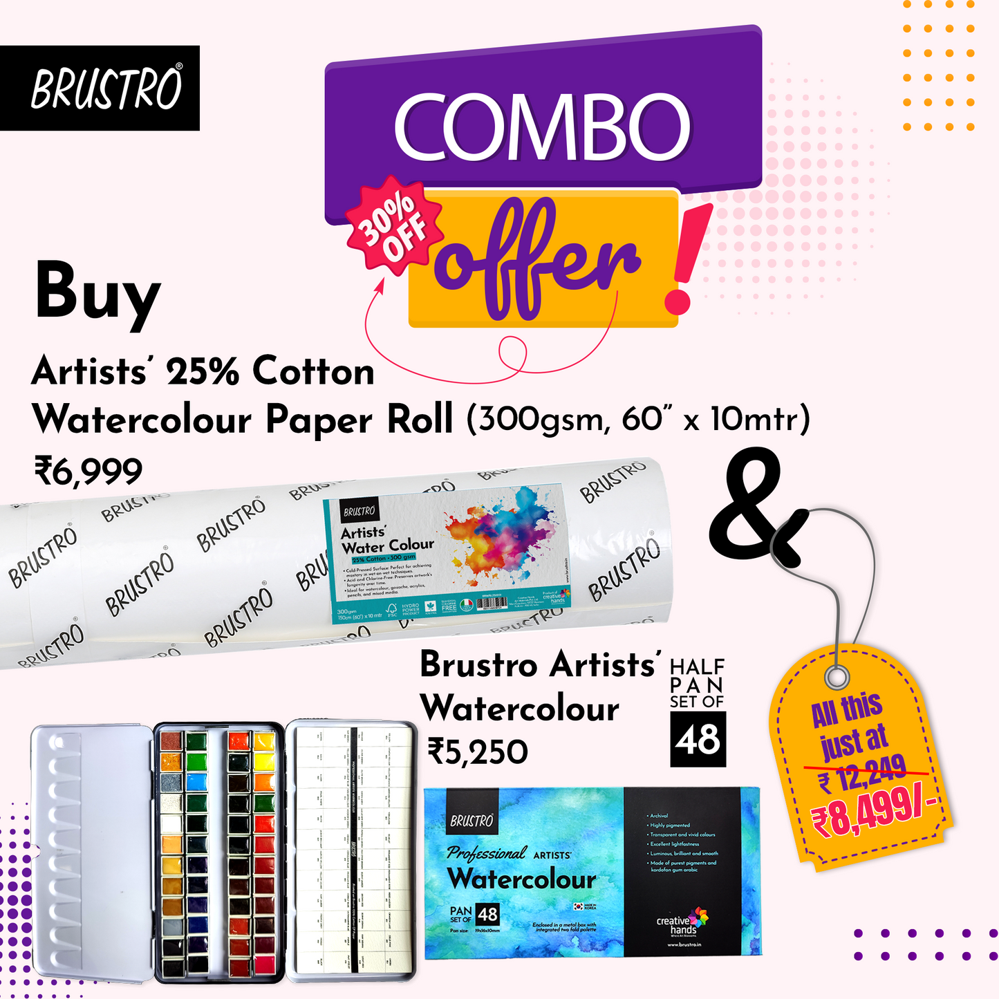 Brustro Artist Watercolour 25%Cotton Paper ROLL 300GSM Cold Pressed Size 60 inches x 10mtr With Artist Professional Watercolour Half Pan Set of 48.Ideal for Artist Drawing,Painting Dry & Wet.