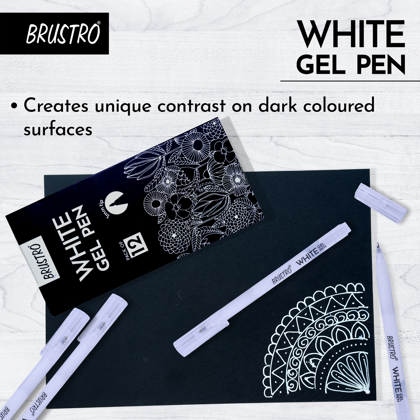 BRUSTRO White Gel Pen Pack of 12. (1MM tip) | Ideal for Students and Adults, Drawing, Mandala Arts, Students, Office Use, Writing, Pen Set