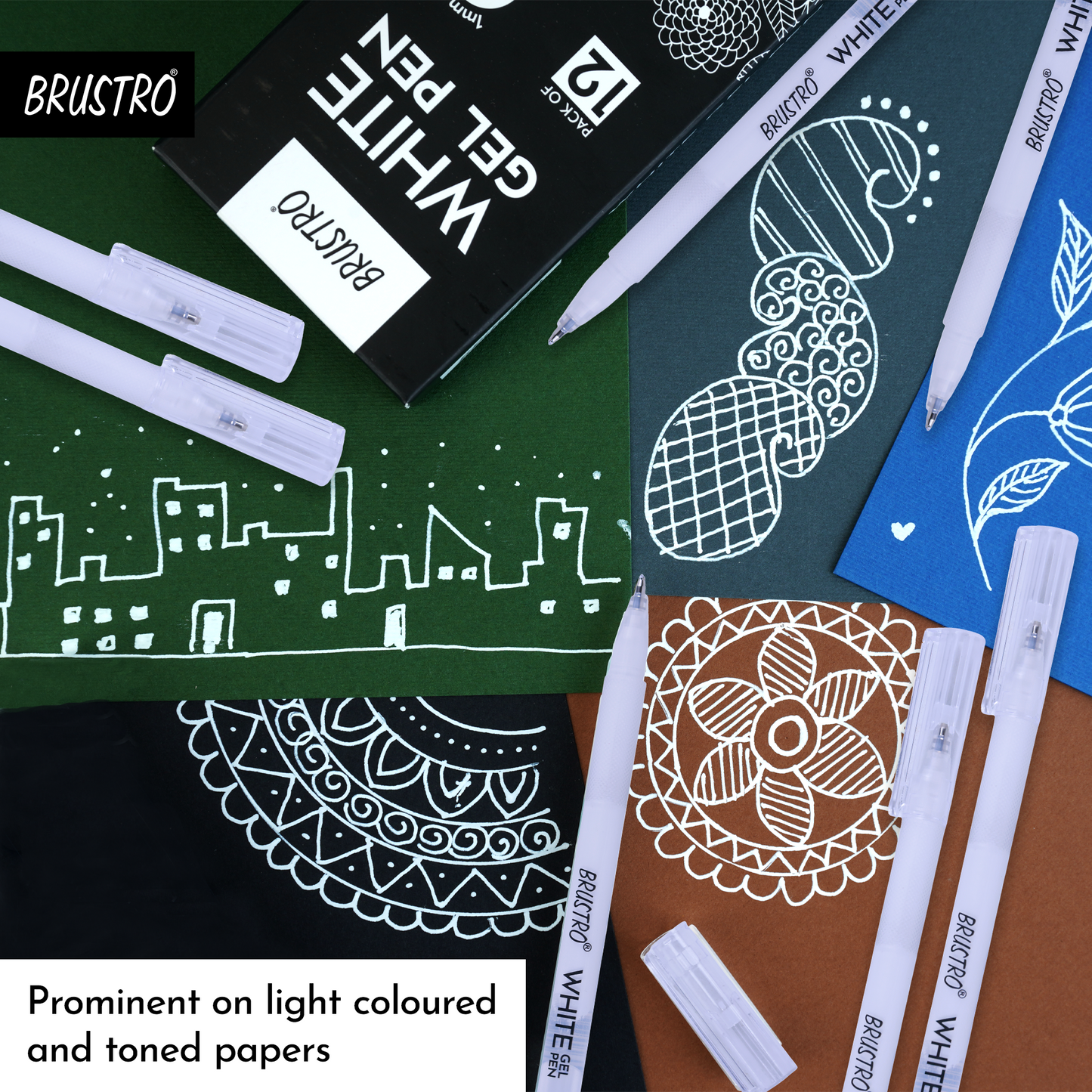 BRUSTRO White Gel Pen Pack of 12. (1MM tip) | Ideal for Students and Adults, Drawing, Mandala Arts, Students, Office Use, Writing, Pen Set